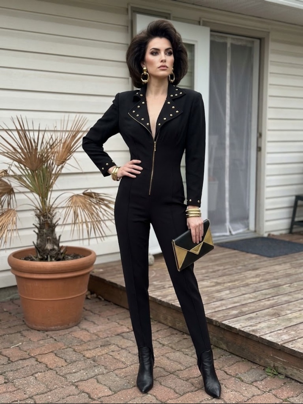 Vintage 80-90 ALGO – ETTES Black Long-Sleeve Stud-Trim power Jumpsuit Sm